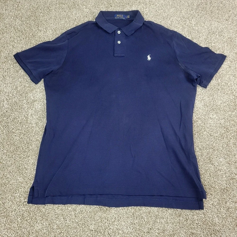 Polo Ralph Lauren Mens Large Solid Navy White Pony Stretch Knit Short Sleeve